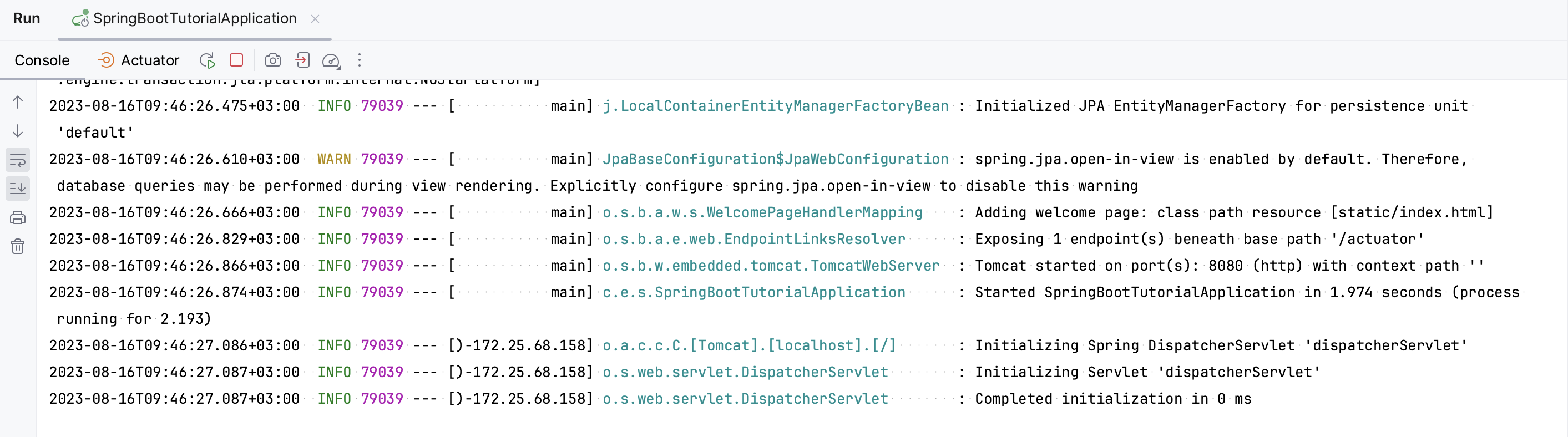 The Run tool window with a running Spring Boot application