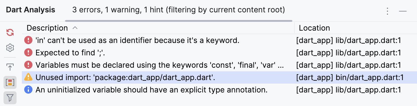 Dart Analysis tool window: Messages pane