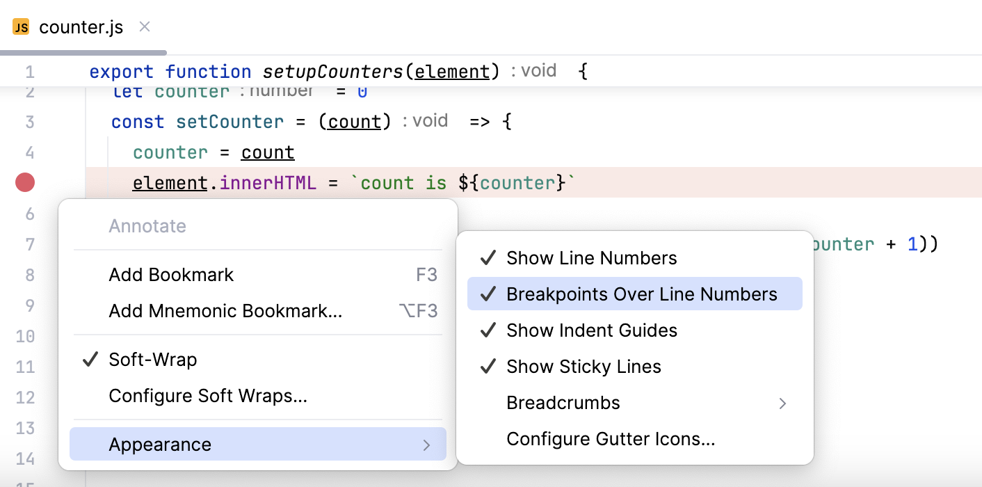 Breakpoints are shown over line numbers