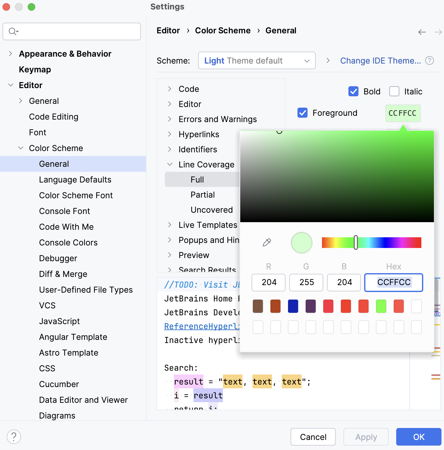 Configuring colors for indicating coverage status in the editor