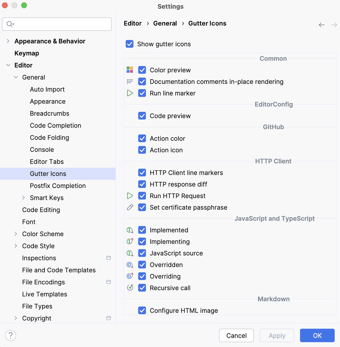 Gutter icons settings in the Preferences dialog