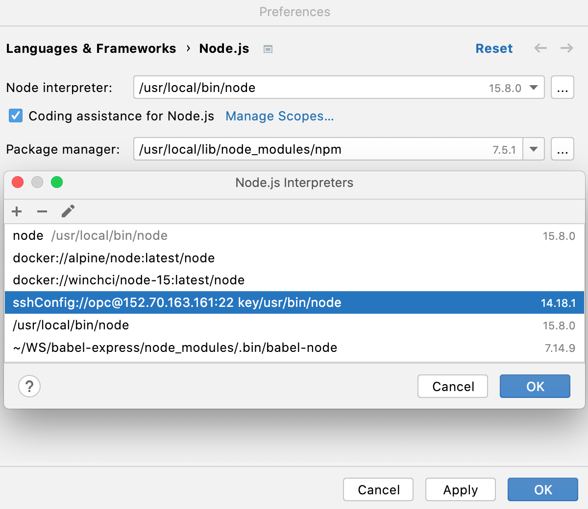 Remote Interpreters dialog: the new Node.js interpreter via SSH added to the list Remote Interpreters dialog: the new Node.js interpreter via SSH added to the list