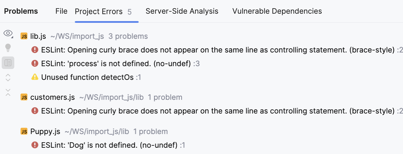 Problems tool window, ESLint. Project Errors tab shows syntax errors in previously opened files across the project