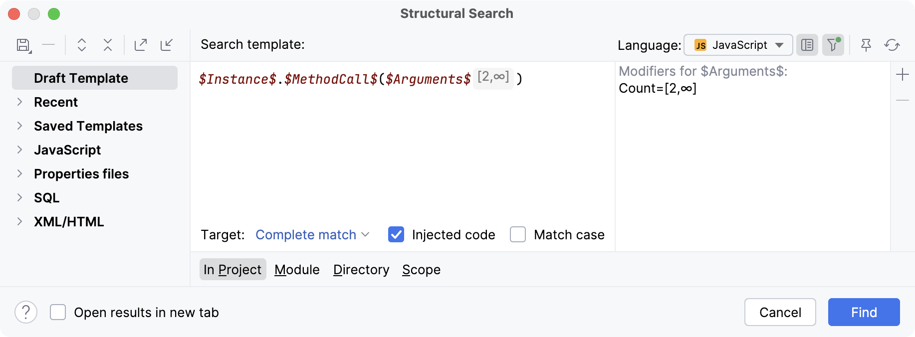 Search template for method call with a count filter