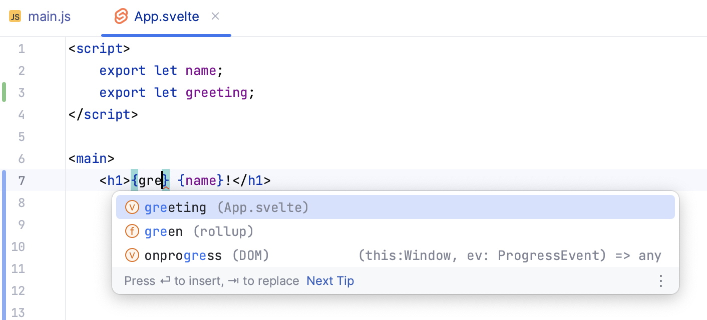 Svelte: code completion