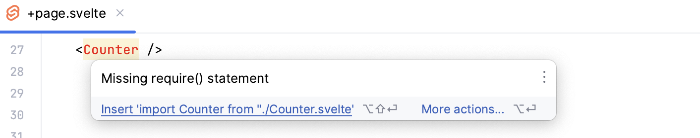 Svelte: import missing, quick fix popup