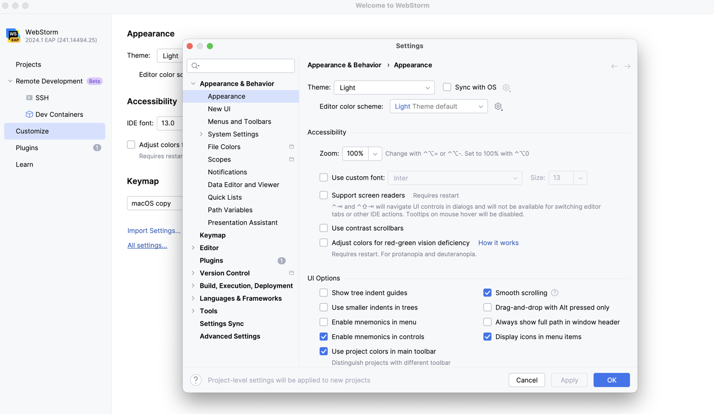 Configuring new default settings for projects