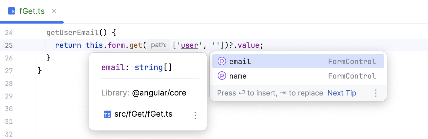 在 FormGroup.get() 中提供补全和快速文档