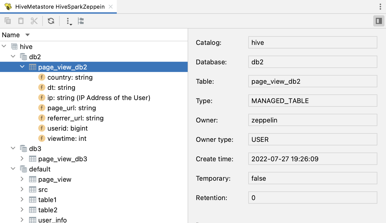 Hive Metastore 选项卡