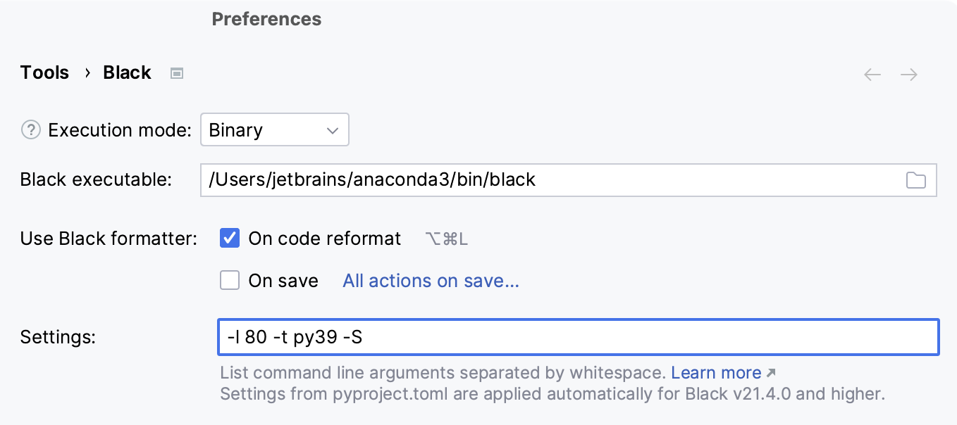 Specifying Black CLI options Specifying Black CLI options