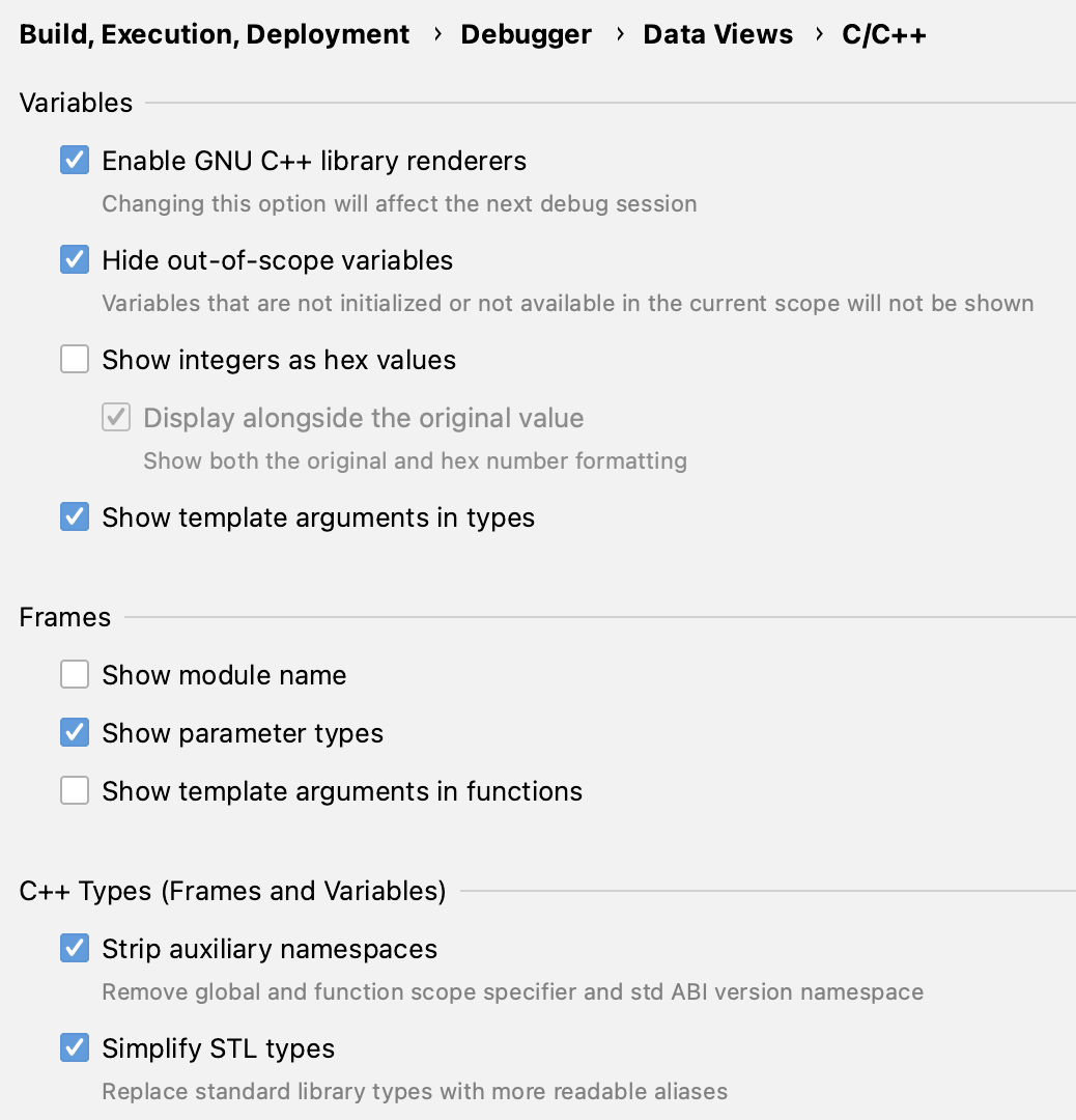 C/C++ debugger data views settings C/C++ debugger data views settings