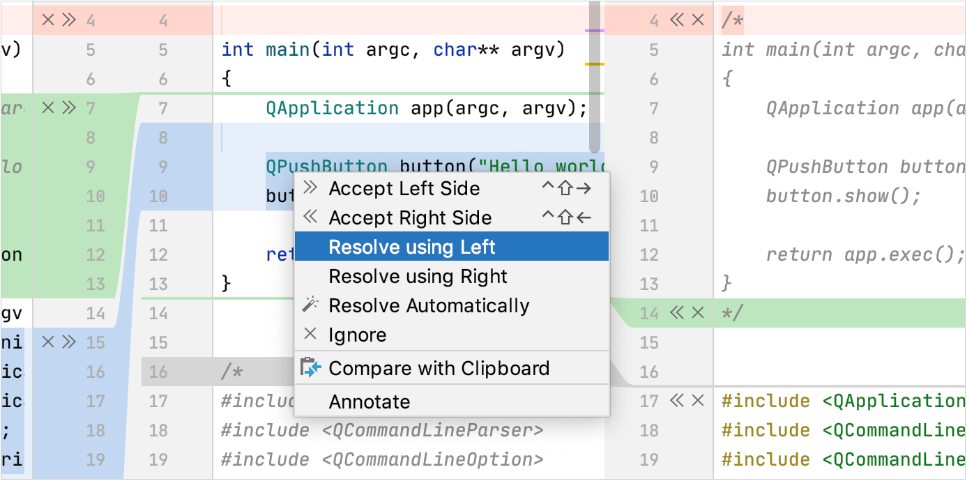 冲突更改的上下文菜单