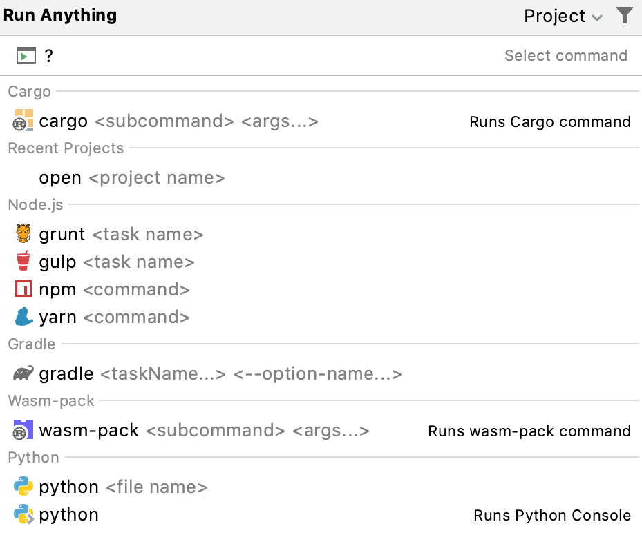 运行一切 中可用命令的列表