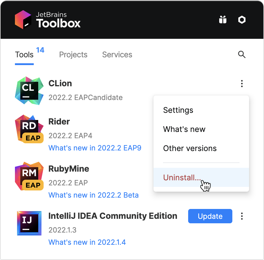 使用 Toolbox App 卸载 CLion 使用 Toolbox App 卸载 CLion