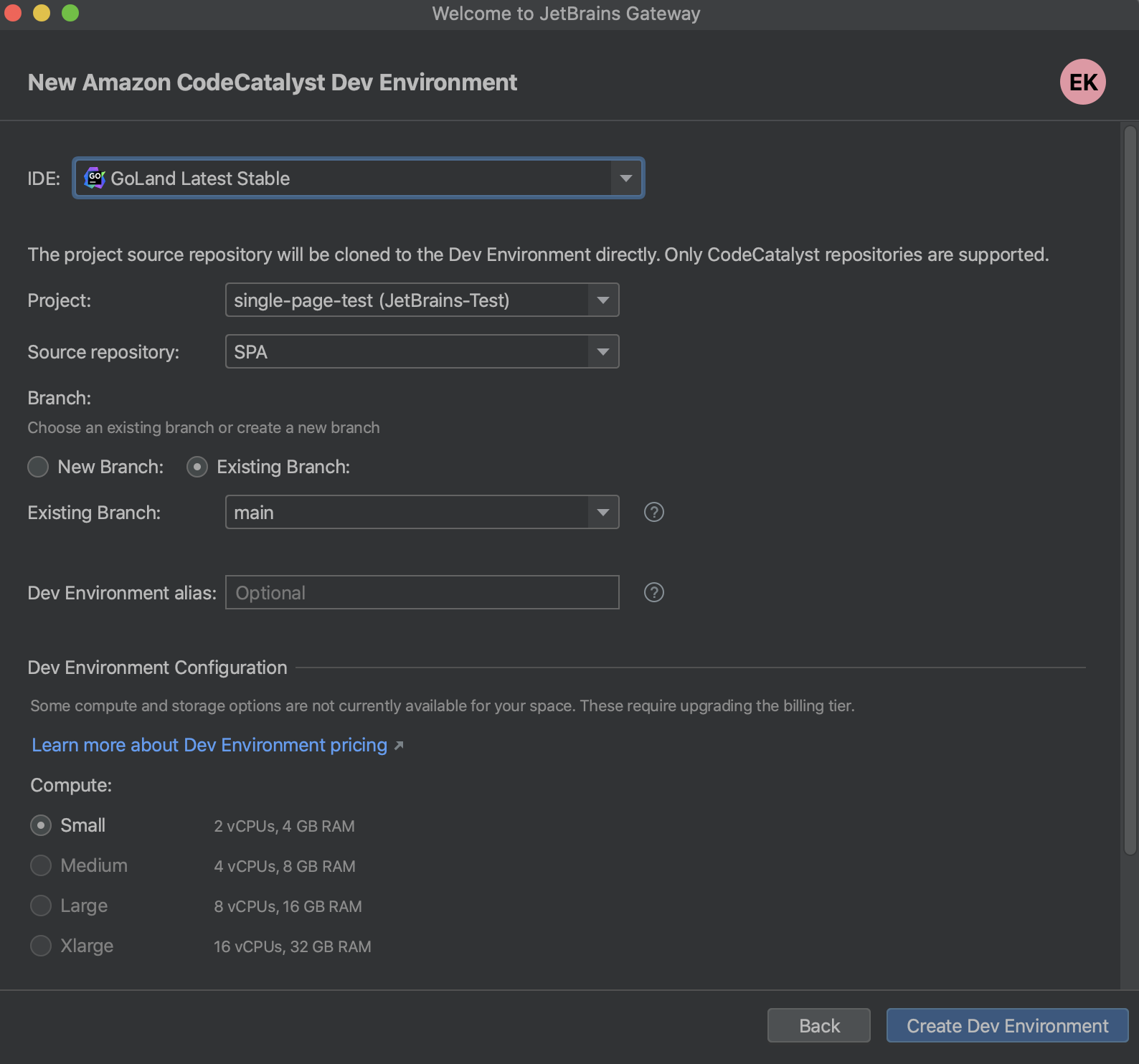 Create new Dev Environment Create new Dev Environment