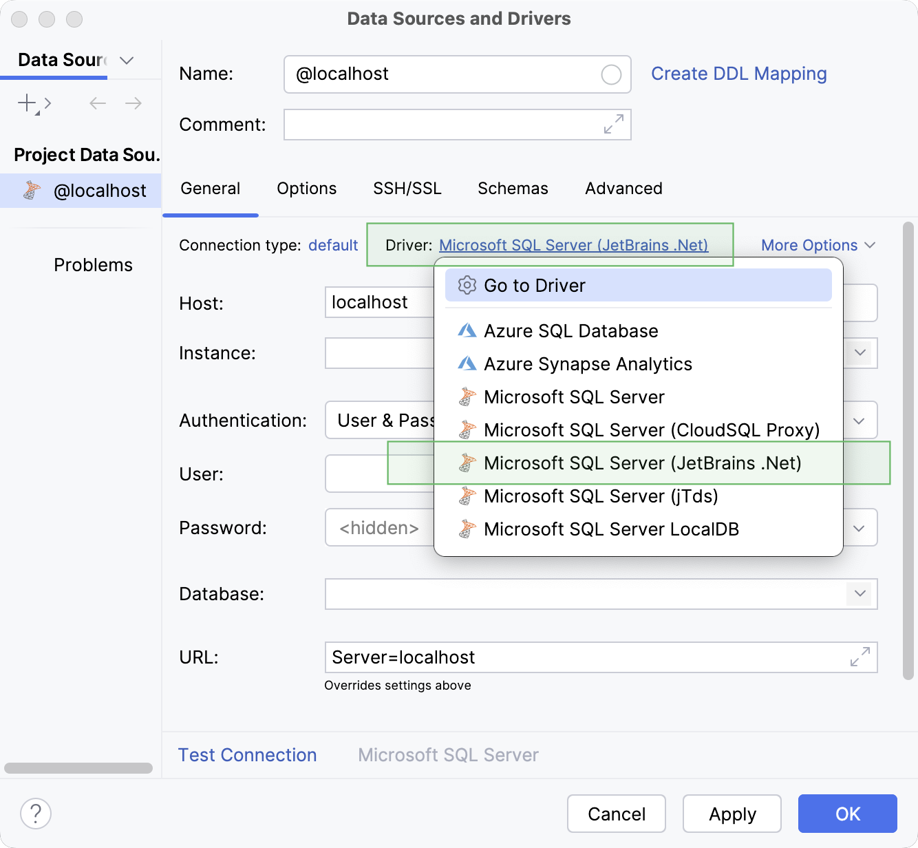 .NET JDBC driver by JetBrains in the Microsoft SQL Server data source settings