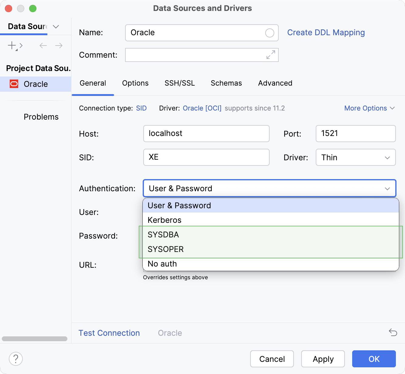 Defining roles for the Oracle data source