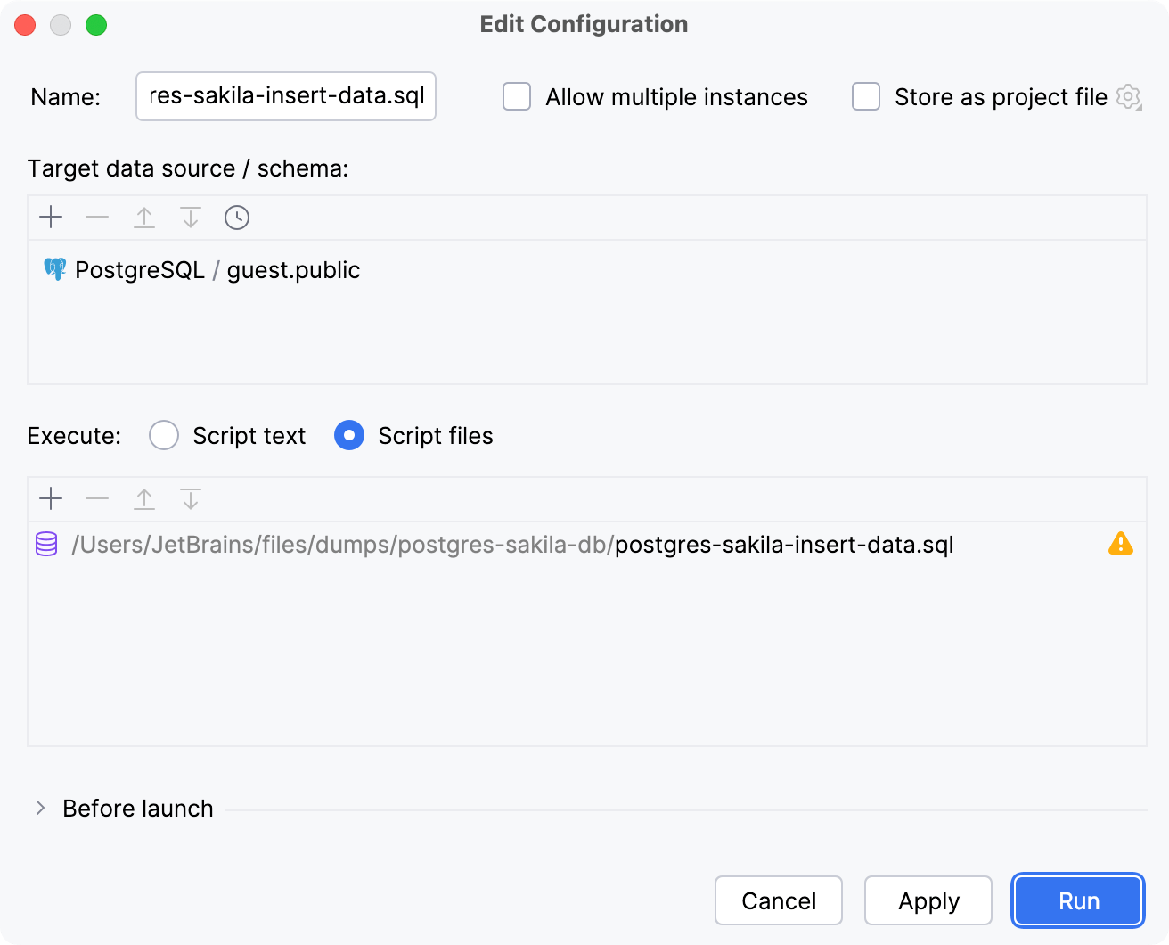Insert data dump file run configuration Insert data dump file run configuration