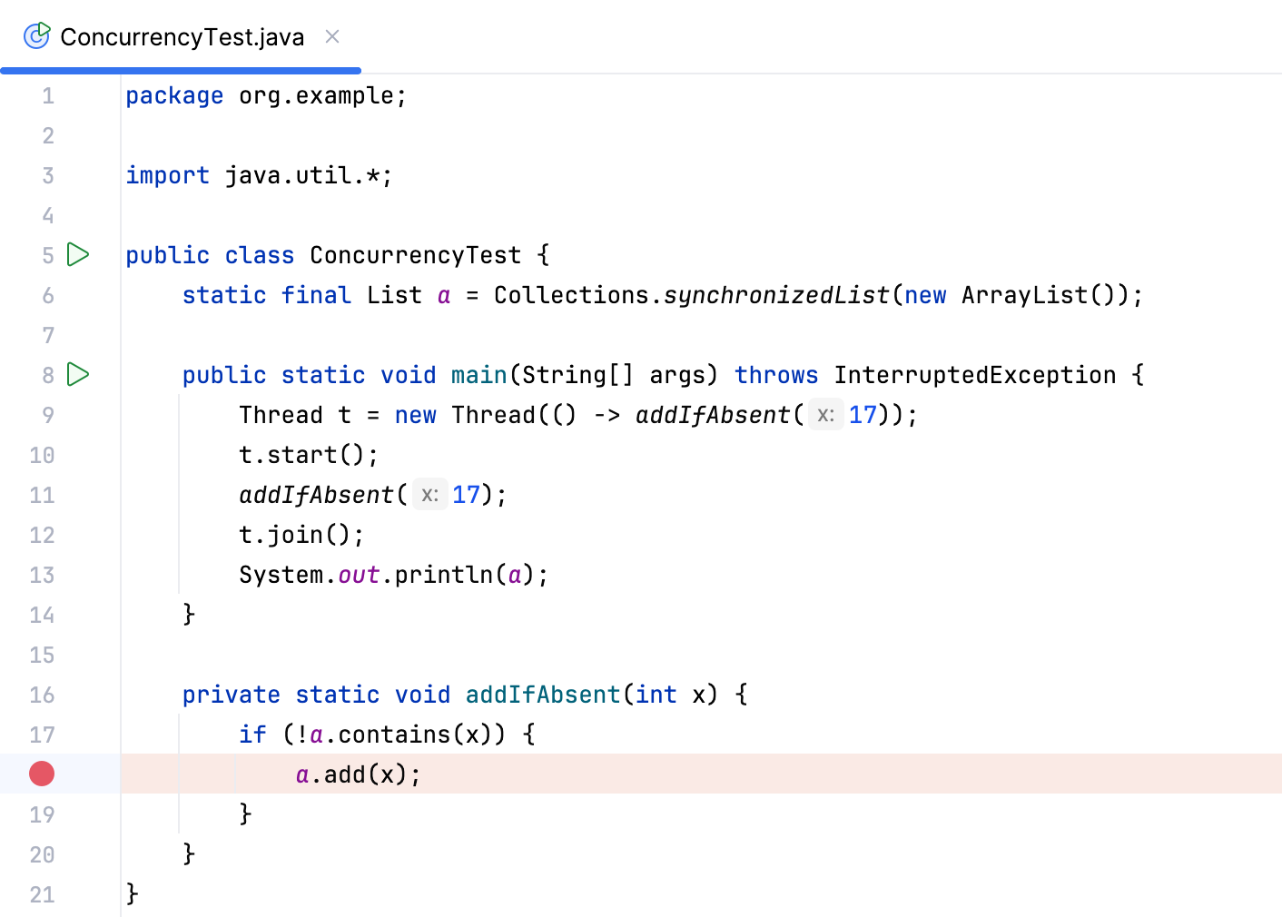 在第 17 行设置了断点