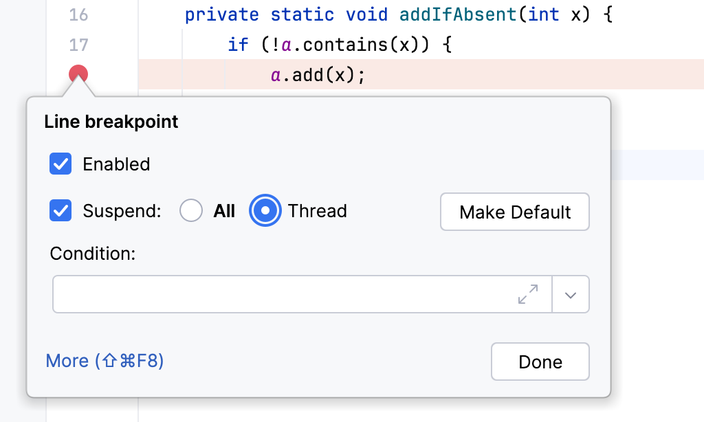 行断点弹出窗口中的 Thread 按钮