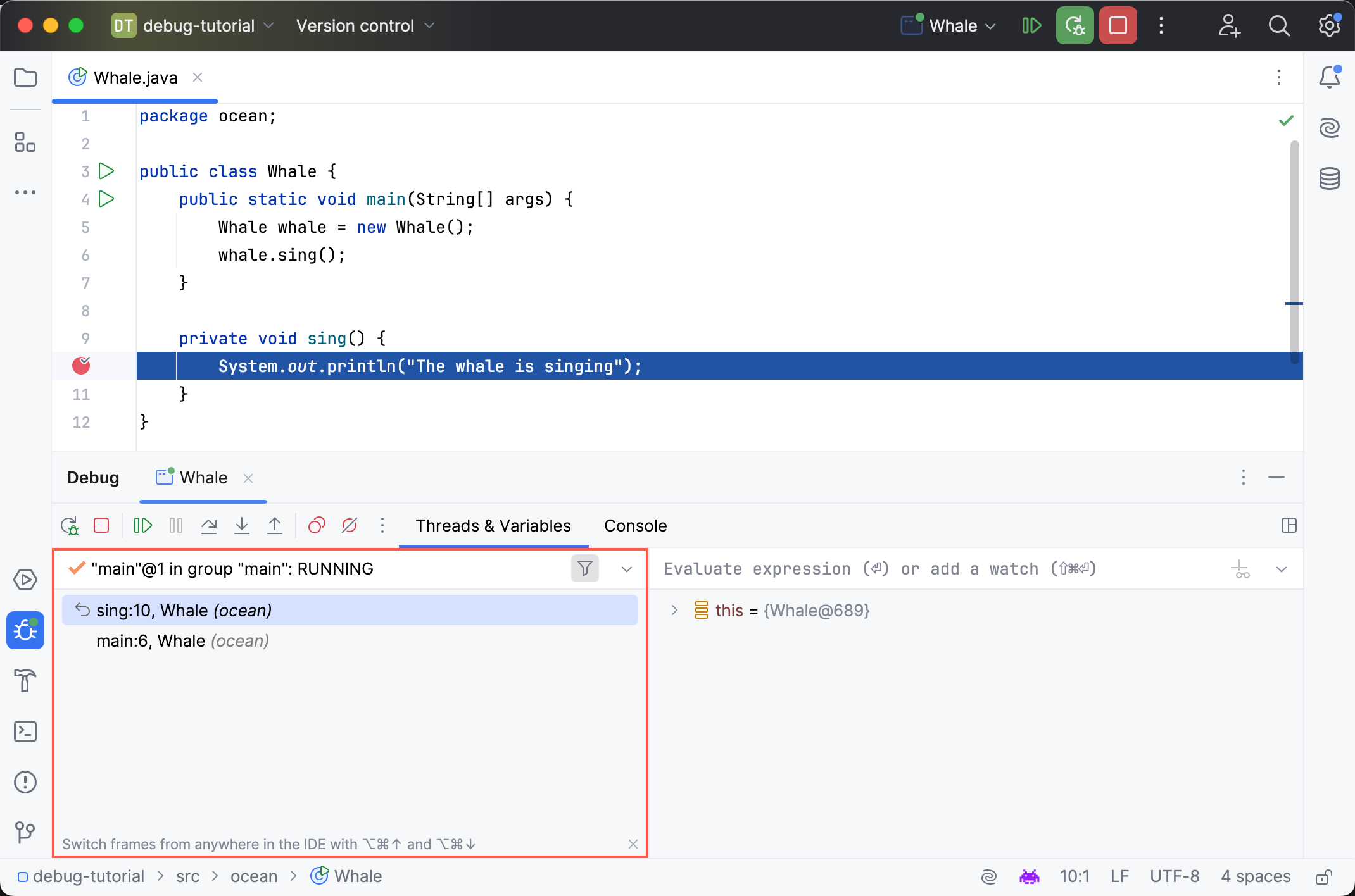 调试工具窗口中的 Frames 选项卡
