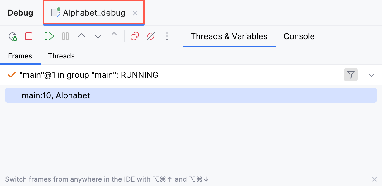 在调试工具窗口顶部的当前会话标签