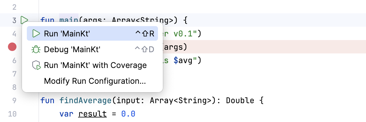 点击边栏中的 Run 按钮后，将显示一个包含运行/调试选项的菜单