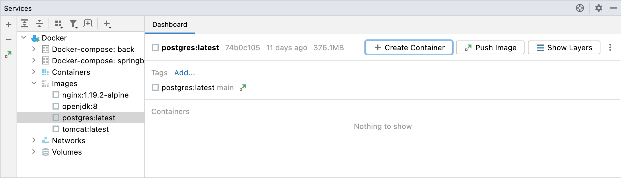 选择 PostgreSQL 映像并点击创建容器
