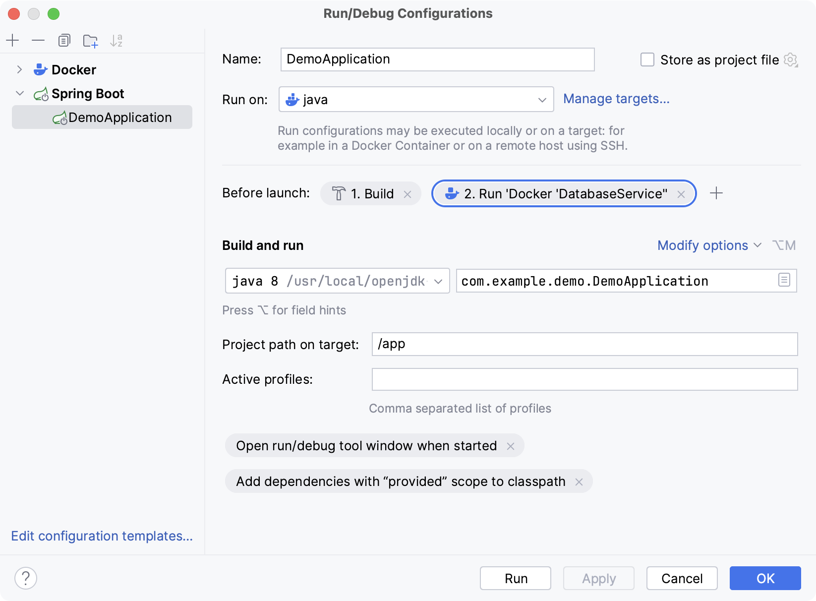 DemoApplication 运行配置包含 Docker Compose 作为 Launch 前的任务