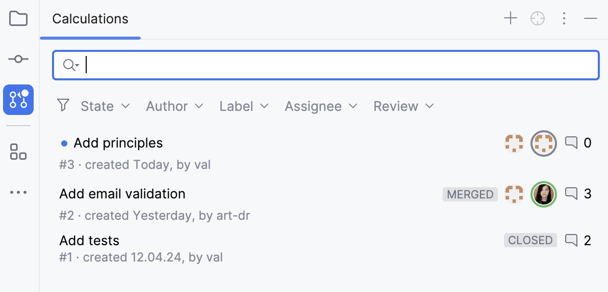 拉取请求工具窗口图标上的蓝点