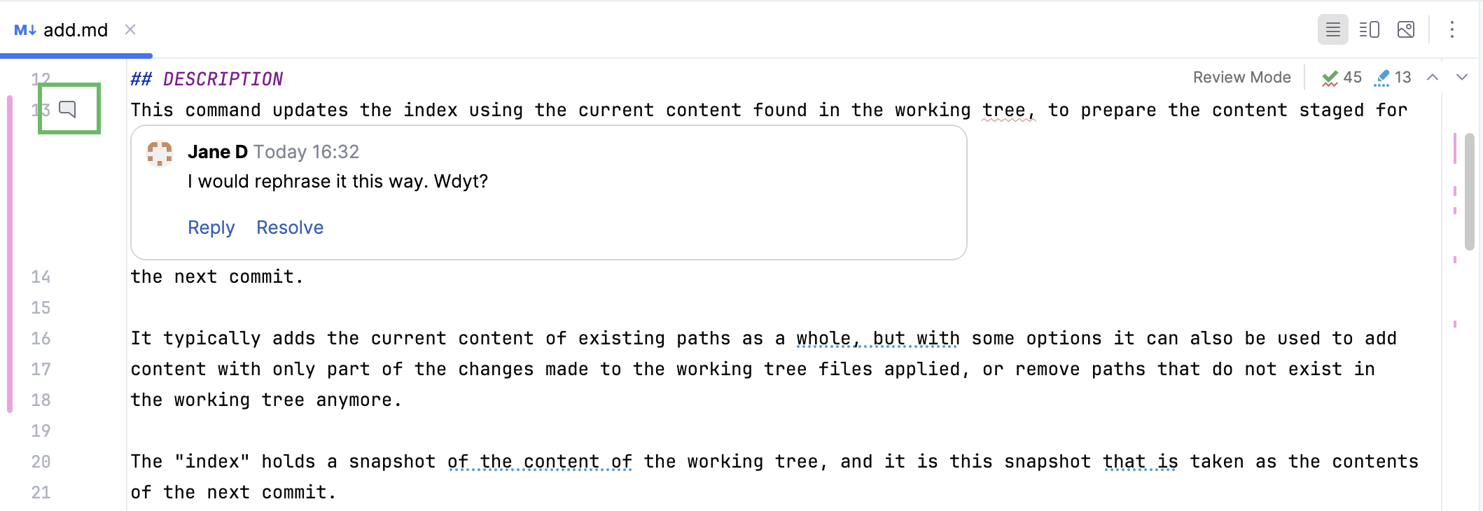审查模式中的更改和评论