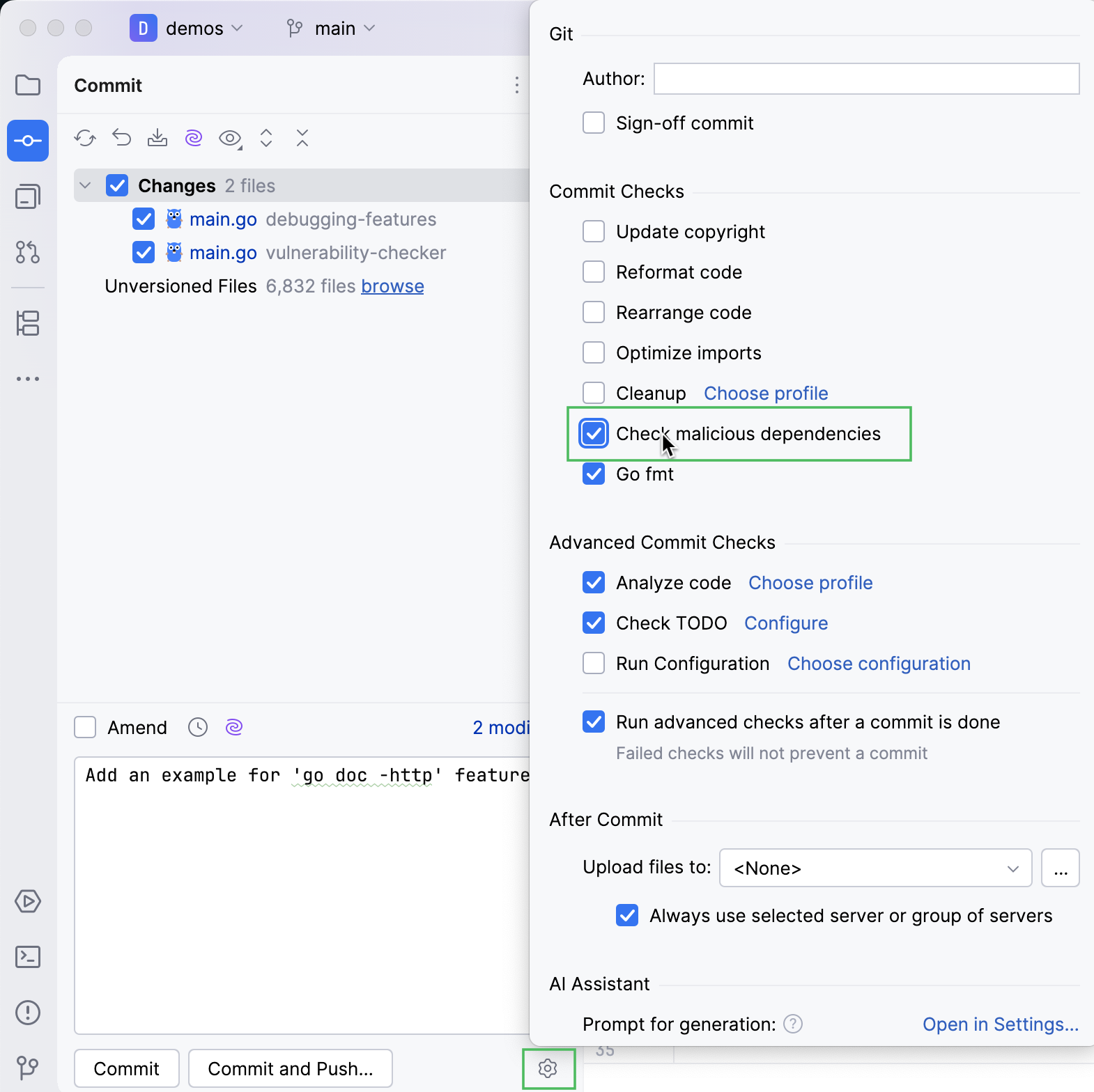 advanced commit options popup advanced commit options popup