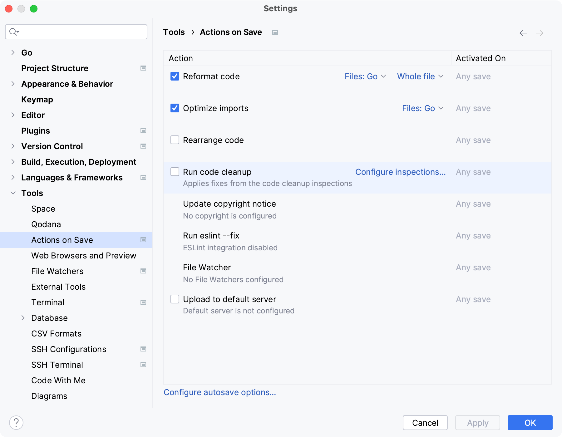 Settings: Actions on save Settings: Actions on save