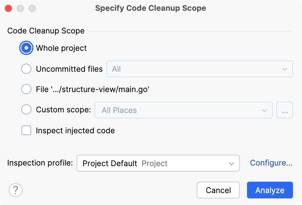 the Specify Code Cleanup Scope dialog the Specify Code Cleanup Scope dialog