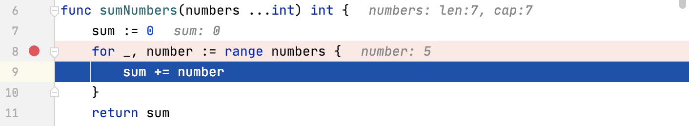 Variable values are displayed at the lines where they are used Variable values are displayed at the lines where they are used