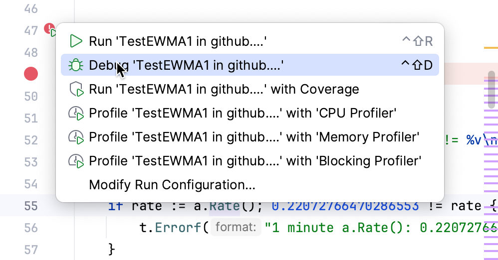 Debugging a test using the gutter icon Debugging a test using the gutter icon