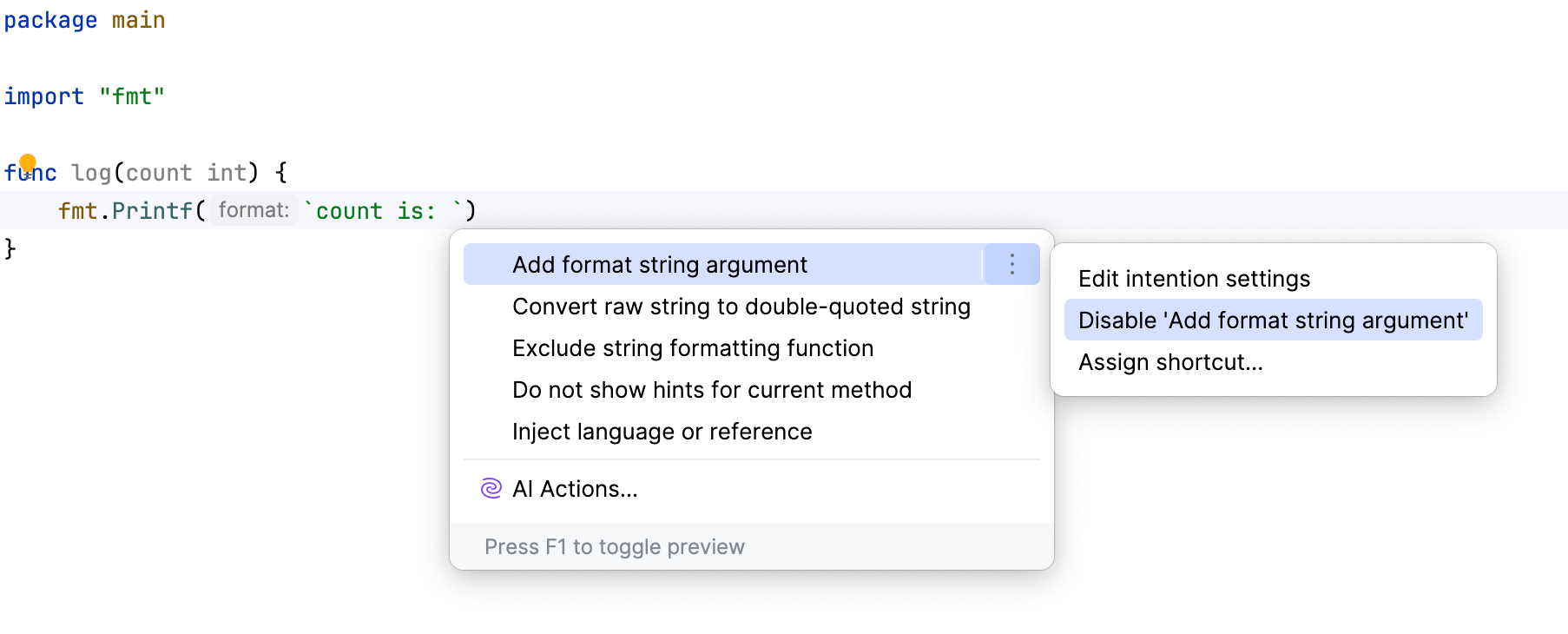 Disable intention action Disable intention action