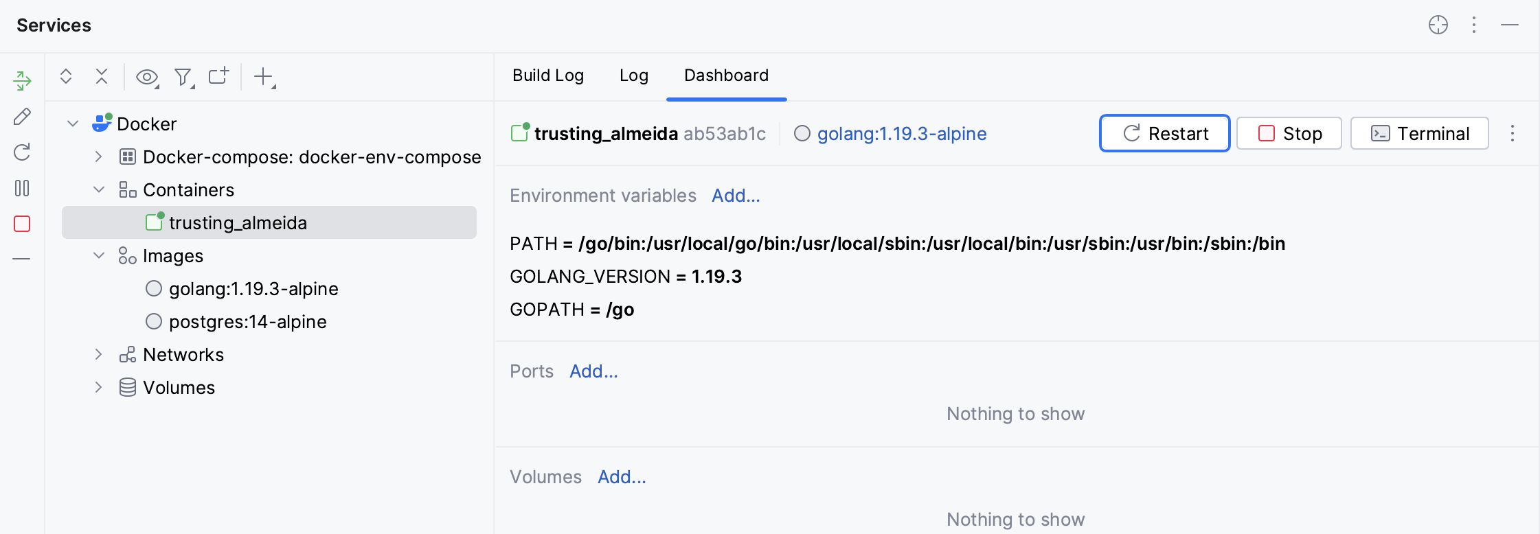 服务工具窗口中选定容器的Dashboard标签 服务工具窗口中选定容器的Dashboard标签