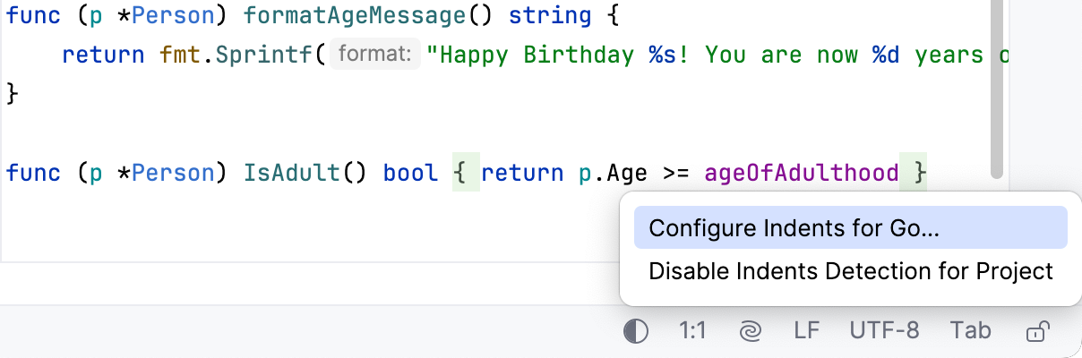 EditorConfig menu opened from the Indentation widget EditorConfig menu opened from the Indentation widget