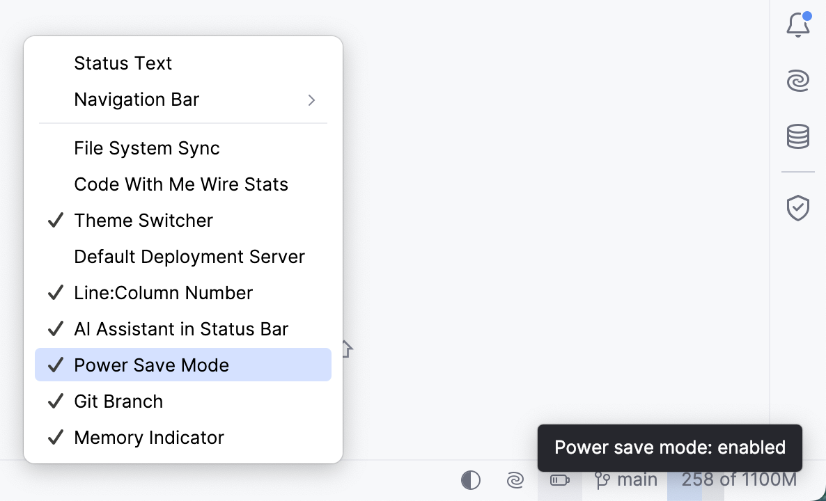 Enable Power Save Mode from the status bar