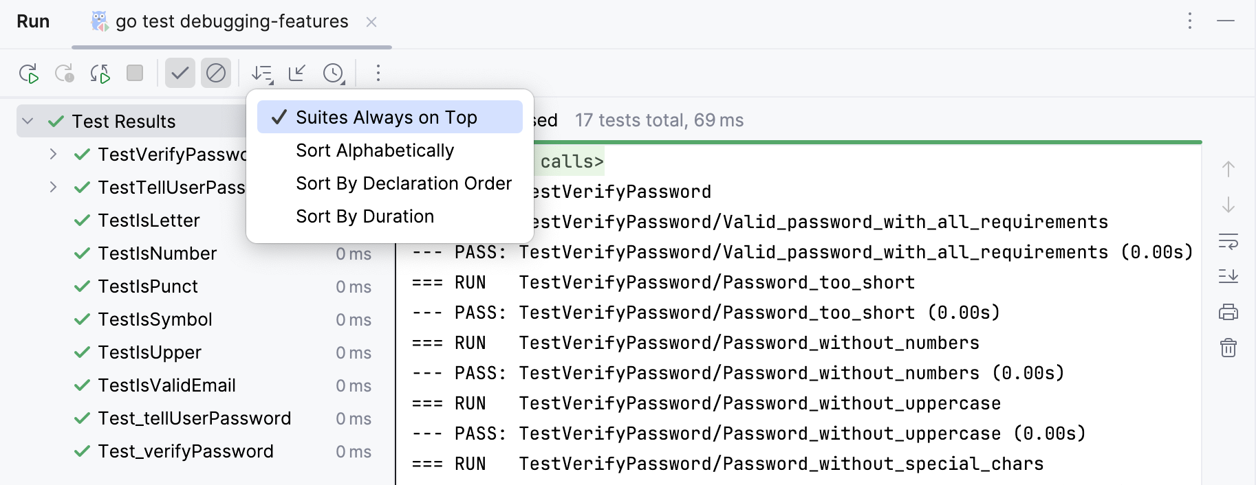 Filter test results options in the tests results toolbar Filter test results options in the tests results toolbar