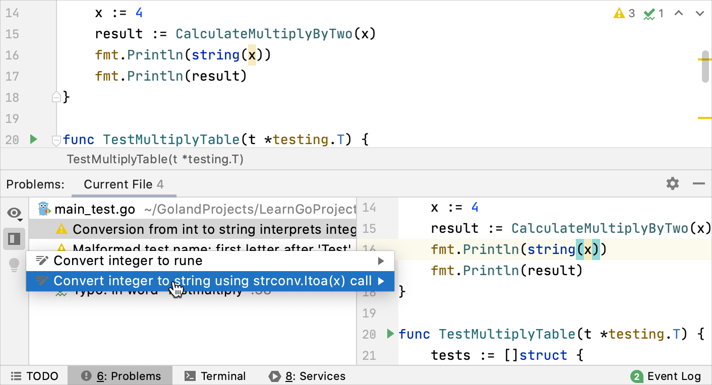Detected problems shown in the Problems tool window Detected problems shown in the Problems tool window