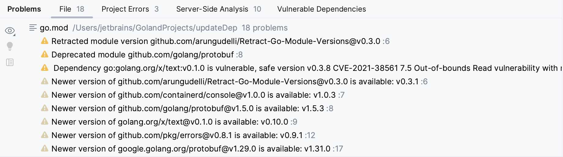 GoLand: Problems tool window. Current File tab GoLand: Problems tool window. Current File tab