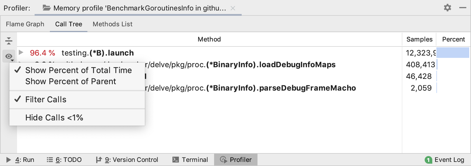 Presentation settings for the call tree Presentation settings for the call tree