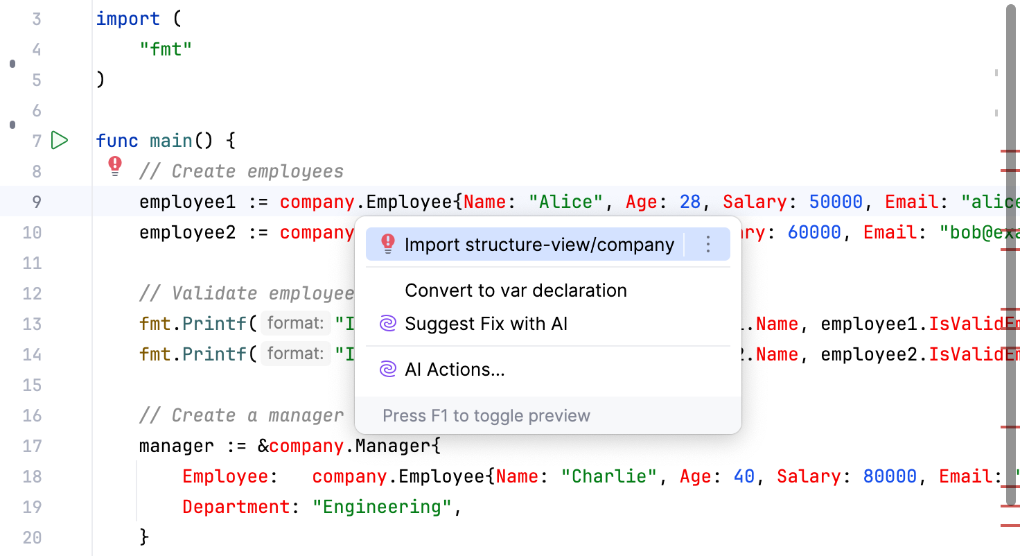 Applying a quick-fix in the editor Applying a quick-fix in the editor