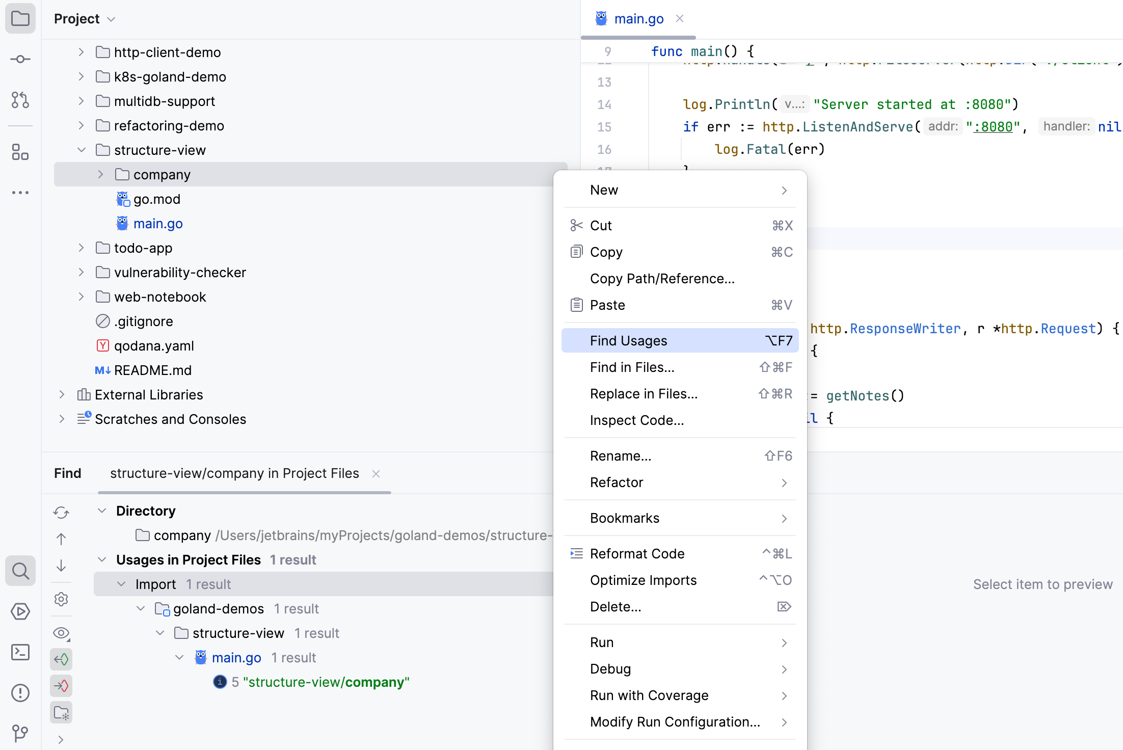 the Find Usages action is available in the context menu in the Project tool window the Find Usages action is available in the context menu in the Project tool window