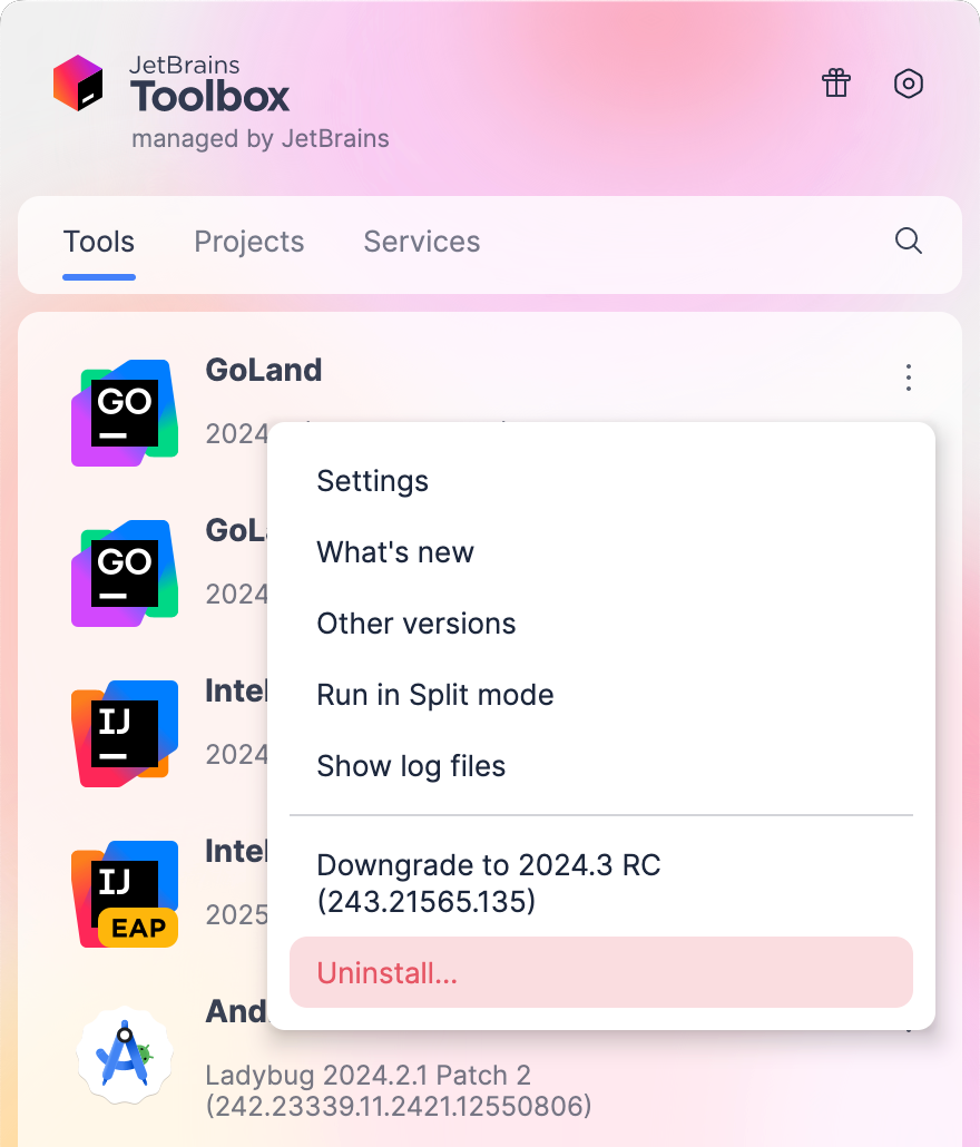 Uninstall GoLand using the Toolbox App Uninstall GoLand using the Toolbox App