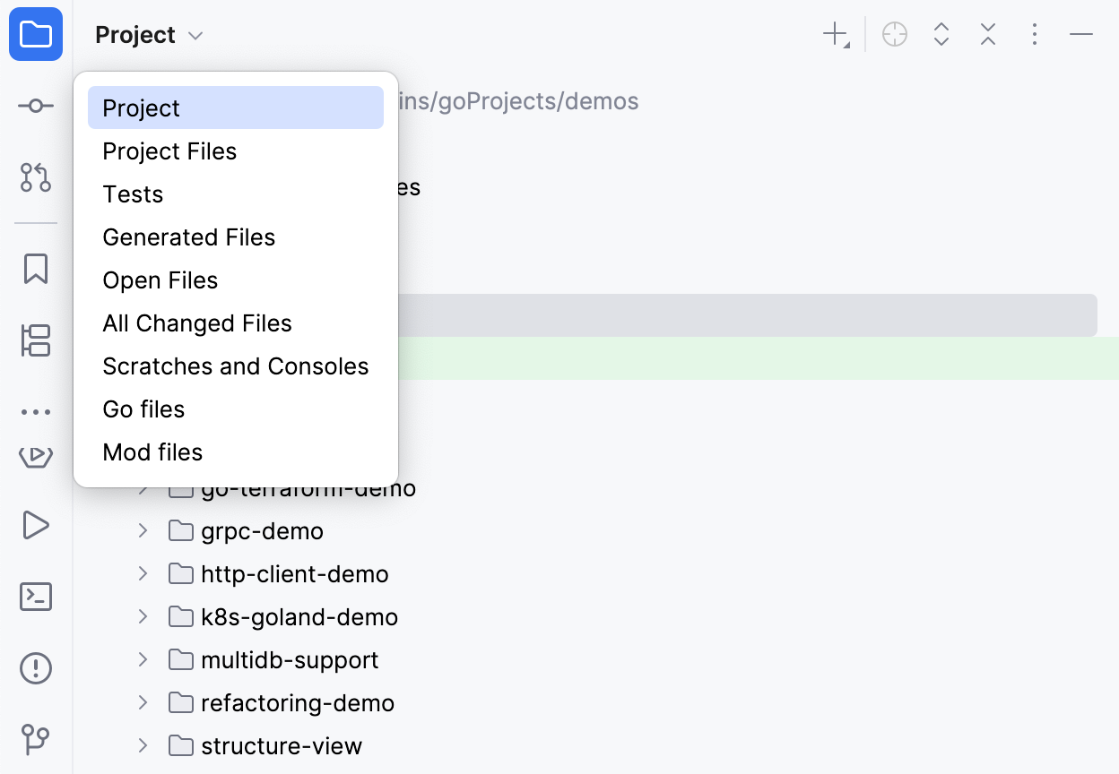GoLand: choosing a view in the Project tool window GoLand: choosing a view in the Project tool window
