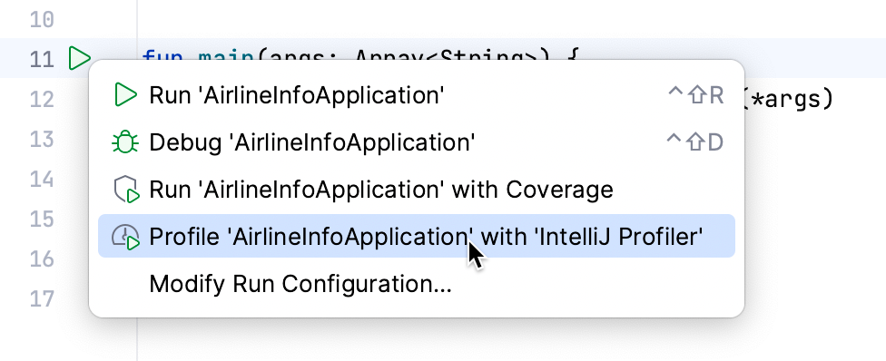 点击 Run 槽图标后会出现带有 Profile 选项的菜单