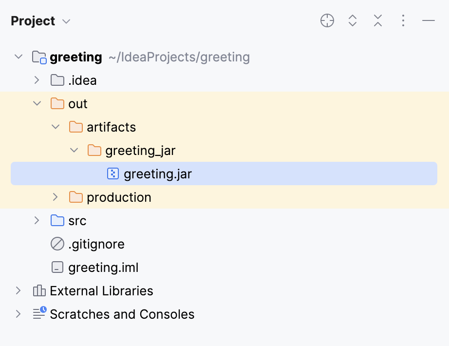 在 Project 工具窗口中查看 out 目录中的生成 JAR 在 Project 工具窗口中查看 out 目录中的生成 JAR